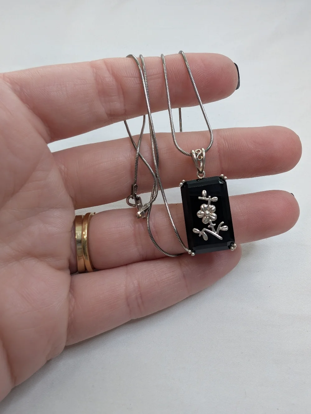 VTG 925 Sterling Silver Black Onyx Flower Pendant Rectangle Necklace Fine Jewelr